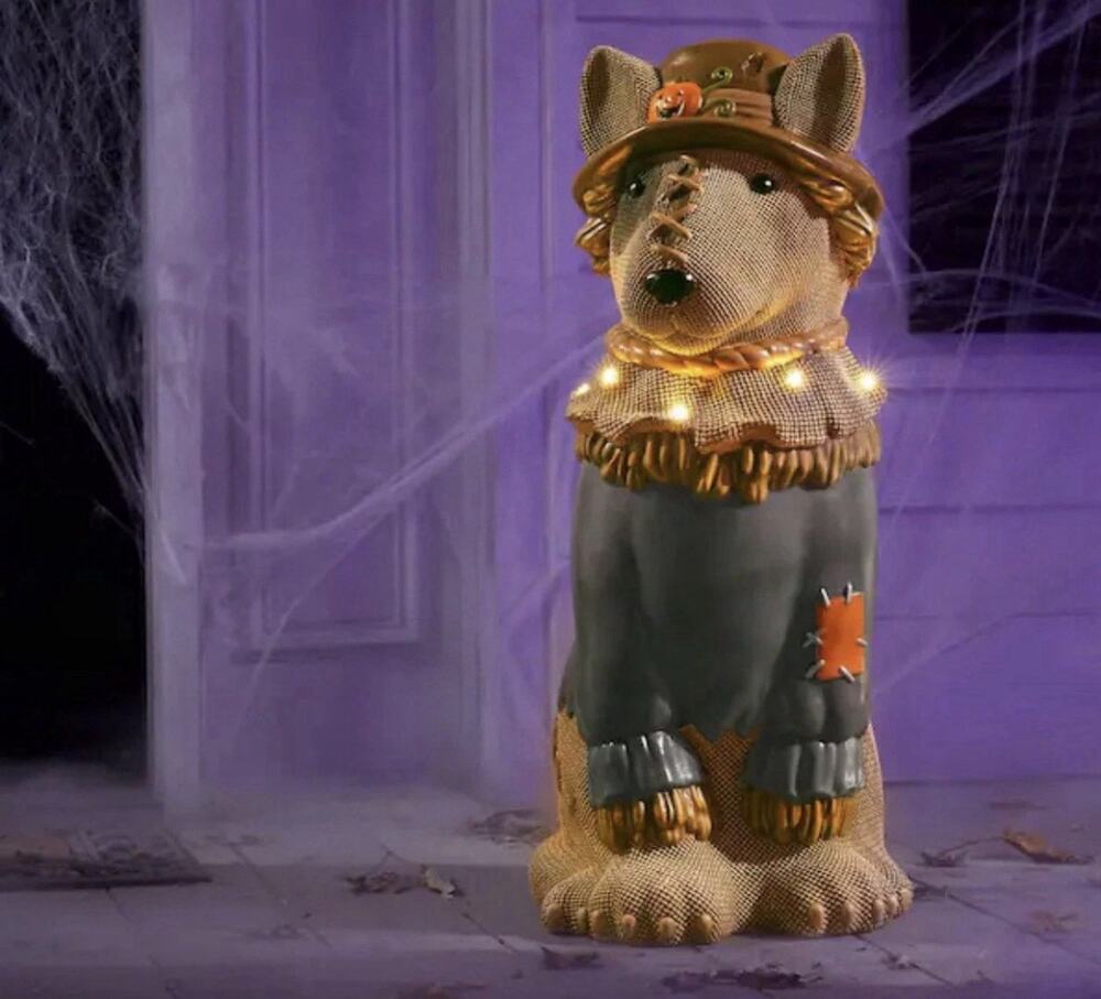 2026 Home Depot Accents 2.5 Ft Scarecrow Bullterrier Halloween Dog Blow Mold LED